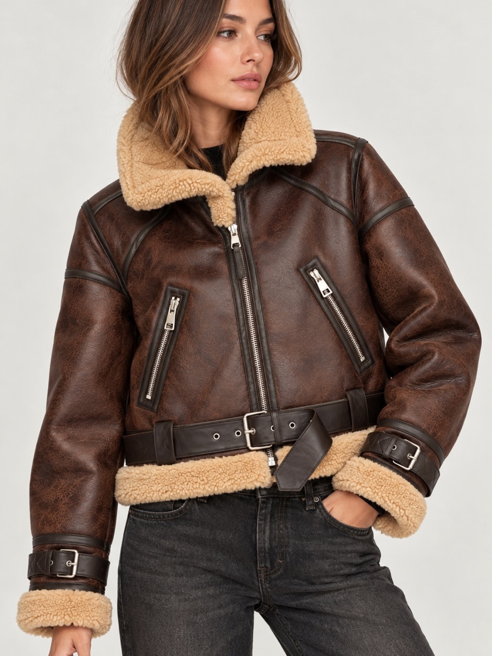 Zara NWT Brown Faux Leather Shearling Aviator Jacket Belted Size M